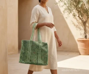 Green Floral Hand Block Print Quilted Cotton Tote Bag with shoulder straps showing the vibrant botanical hand block print design.