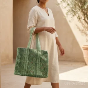 Green Floral Hand Block Print Quilted Cotton Tote Bag with shoulder straps showing the vibrant botanical hand block print design.