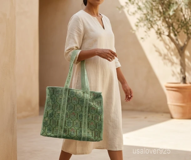 Green Floral Hand Block Print Quilted Cotton Tote Bag with shoulder straps showing the vibrant botanical hand block print design.