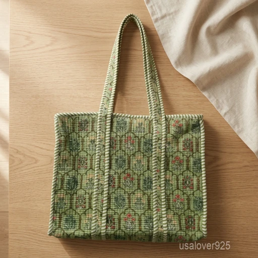 Green Floral Hand Block Print Quilted Cotton Tote Bag with shoulder straps showing the vibrant botanical hand block print design.