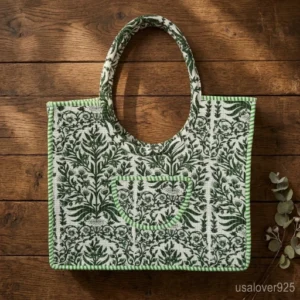 Woman carrying a Green Floral Quilted Cotton Tote Bag loaded with books and a laptop at a botanical garden.