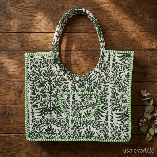 Woman carrying a Green Floral Quilted Cotton Tote Bag loaded with books and a laptop at a botanical garden.
