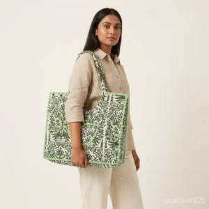 Close-up of intricate green block printing and delicate quilted stitching on an Indian ethnic travel shopper.