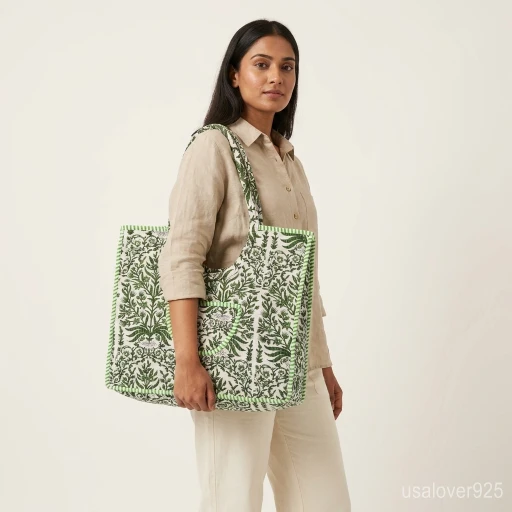 Close-up of intricate green block printing and delicate quilted stitching on an Indian ethnic travel shopper.