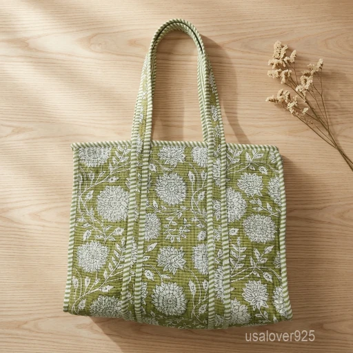 A person carrying a Green Floral Quilted Cotton Tote Bag comfortably over their shoulder during a casual outdoor market run.