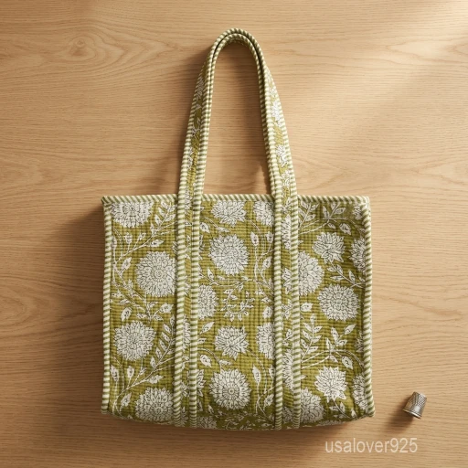 Green Floral Quilted Cotton Tote Bag with striped shoulder straps showing the vibrant botanical block print design.