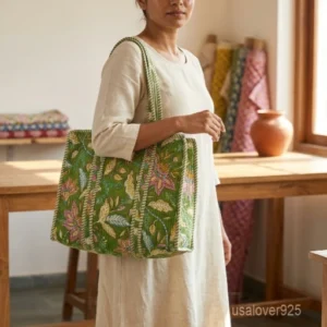 Green Floral Quilted Cotton Tote Bag with double handles showing the vibrant botanical leaf print design.