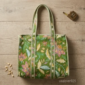 Green Floral Quilted Cotton Tote Bag with double handles showing the vibrant botanical leaf print design.