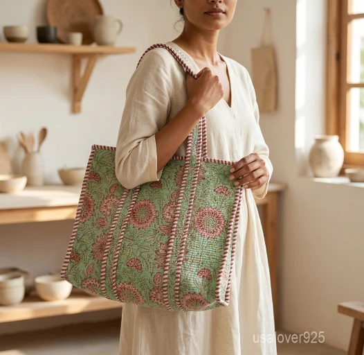 Green Floral Quilted Cotton Tote Bag with double handles showing the vibrant botanical block print design.
