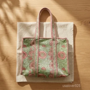 Green Floral Quilted Cotton Tote Bag with double handles showing the vibrant botanical block print design.