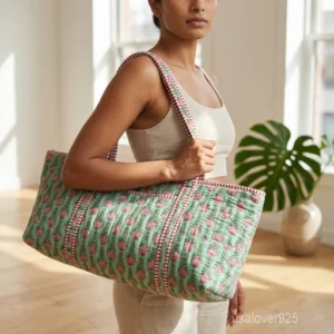 Green Floral Quilted Yoga Mat Bag showing the traditional hand block print artisan design with the spacious duffle-style opening and comfortable shoulder carry handles.