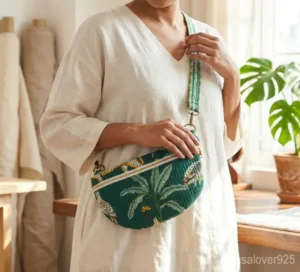 Green Jungle Print Quilted Mini Purse with an adjustable crossbody strap showing the vibrant tropical botanical pattern.