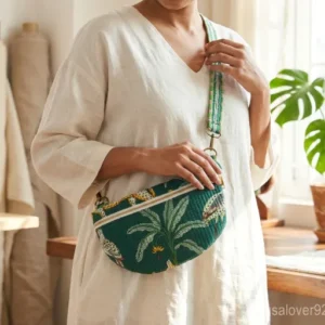 Green Jungle Print Quilted Mini Purse with an adjustable crossbody strap showing the vibrant tropical botanical pattern.