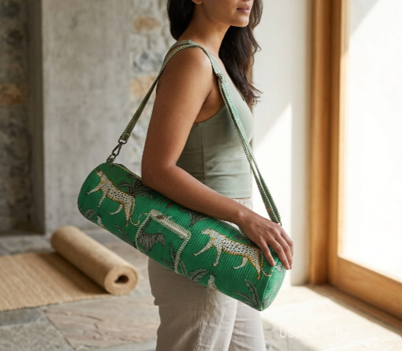 Green Animal Print Quilted Cotton Yoga Mat Bag