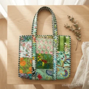 A person carrying a large Green Patchwork Quilted Indian Cotton Tote Bag comfortably over their shoulder during a casual weekend travel trip.