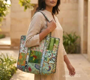 Green Patchwork Quilted Indian Cotton Tote Bag with large shoulder handles showing the traditional floral hand block print patchwork design.