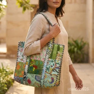 Green Patchwork Quilted Indian Cotton Tote Bag with large shoulder handles showing the traditional floral hand block print patchwork design.