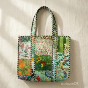 Green Patchwork Quilted Indian Cotton Tote Bag with large shoulder handles showing the traditional floral hand block print patchwork design.