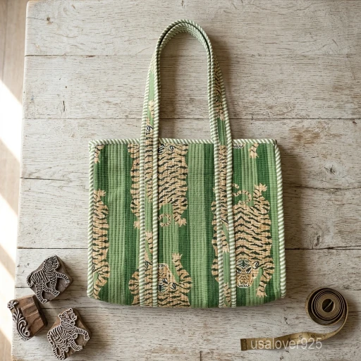A student walking down a college campus path carrying a large Green Striped Quilted Cotton Tote Bag comfortably over their shoulder.