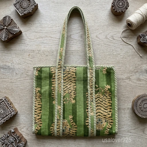 Green Striped Quilted Cotton Tote Bag with double handles showing the vertical lines and subtle beige artistic prints.