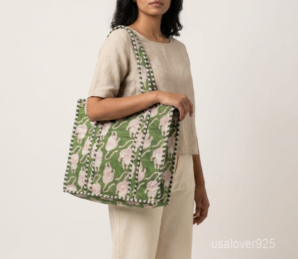 Green Tiger Quilted Tote Bag showing the traditional artisan jungle print design with the spacious main compartment opening and reinforced shoulder straps.
