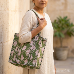 Green Tiger Quilted Tote Bag showing the traditional artisan jungle print design with the spacious main compartment opening and reinforced shoulder straps.