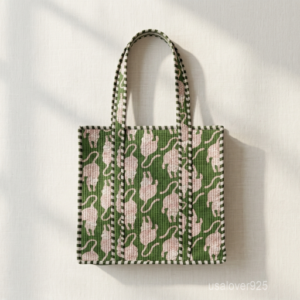 Close-up of the handcrafted green block print detailing, solid back panel pattern, dense quilted stitching texture lines, robust handle attachments, and convenient inner pocket on an Indian cotton carryall tote.