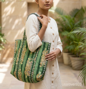 Close-up of the handcrafted green block print detailing, matching striped back panel pattern, dense quilted stitching texture lines, robust handle attachments, and convenient inner pocket on an Indian cotton carryall tote.
