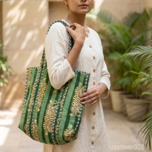 Close-up of the handcrafted green block print detailing, matching striped back panel pattern, dense quilted stitching texture lines, robust handle attachments, and convenient inner pocket on an Indian cotton carryall tote.