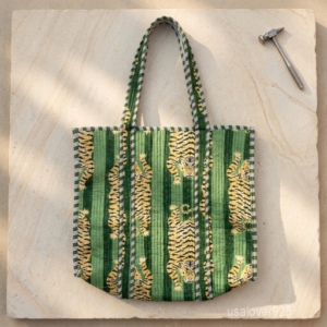Green Tiger Quilted Tote Bag showing the traditional artisan jungle print design with the spacious main compartment opening and reinforced shoulder straps.
