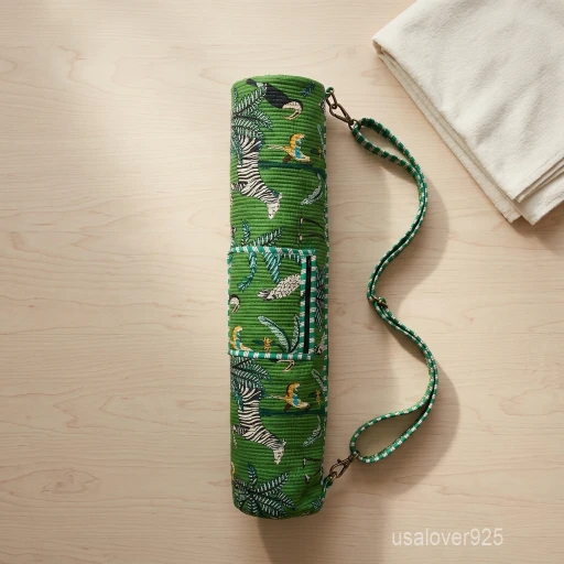 A fitness enthusiast carrying the Green Tropical Yoga Mat Bag over the shoulder by the adjustable strap, showcasing its slim profile and vibrant bohemian accessory style while heading to a studio class.