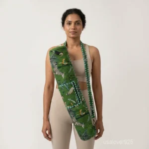 Close-up of the handcrafted green jungle print detailing, dense quilted stitching texture lines, robust adjustable strap attachments, and clean zip track on an Indian cotton Pilates carrier bag.