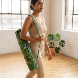 Green Tropical Yoga Mat Bag showing the traditional hand block print artisan design with the full-length zipper closure, outer zip pocket, and adjustable shoulder strap.