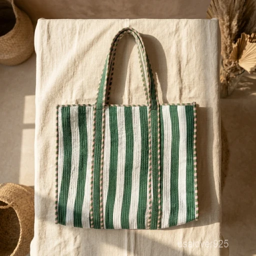 A person carrying a large Green White Quilted Cotton Tote Bag comfortably over their shoulder during an eco-friendly weekend market run.