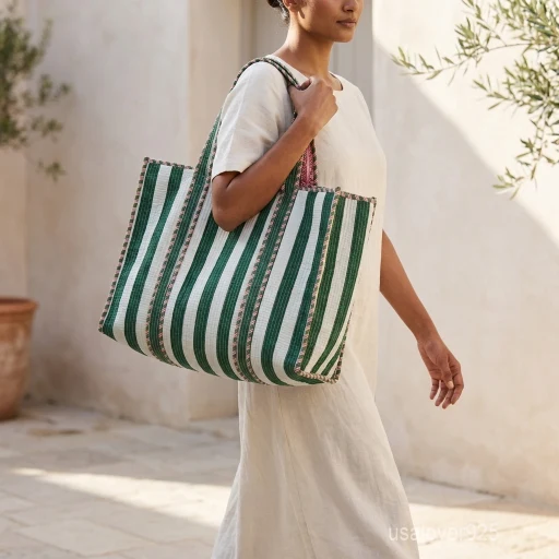 Green White Quilted Cotton Tote Bag with large shoulder handles showing the fresh botanical design and decorative cotton tassels trim.