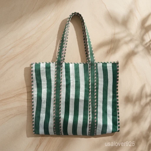 Green White Quilted Cotton Tote Bag with large shoulder handles showing the fresh botanical design and decorative cotton tassels trim.