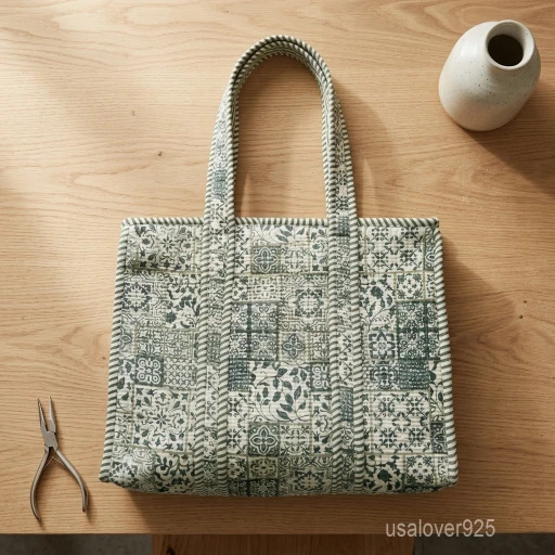 A person carrying a Green and White Patchwork Quilted Cotton Tote Bag comfortably over their shoulder during a casual outdoor market run.