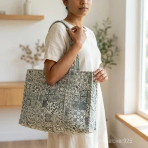 Green and White Patchwork Quilted Cotton Tote Bag with padded shoulder straps showing the floral and geometric block print layout.