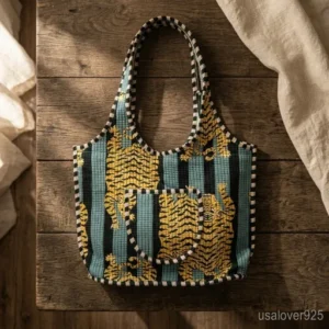 Woman walking through the city carrying a Grey Blue Tiger Quilted Boho Tote packed with a laptop and books.