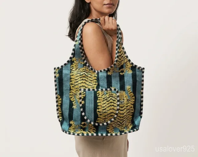 Grey Blue Tiger Quilted Boho Tote with comfortable handles featuring an ethnic animal print.