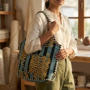Grey Blue Tiger Quilted Boho Tote with comfortable handles featuring an ethnic animal print.
