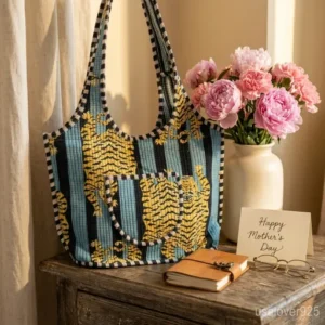 Close-up of intricate grey and blue tiger animal print fabric with detailed quilted stitching and top zipper closure.