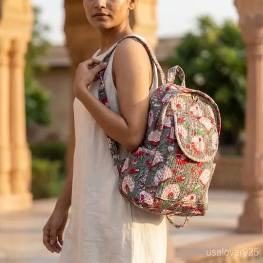 Grey-Floral-Quilted-Backpack-Hand-Block-Print-Cotton-Daypack