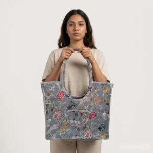 Close-Up-Detail-Of-Handcrafted-Grey-Floral-Print-Quilted-Fabric-Texture