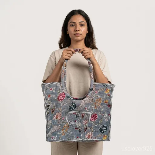 Close-Up-Detail-Of-Handcrafted-Grey-Floral-Print-Quilted-Fabric-Texture