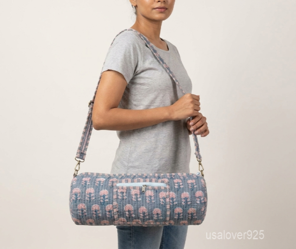 Grey Floral Quilted Cotton Yoga Mat Bag carrier showing the traditional artisan botanical design with the full-length zipper closure and outer pocket.