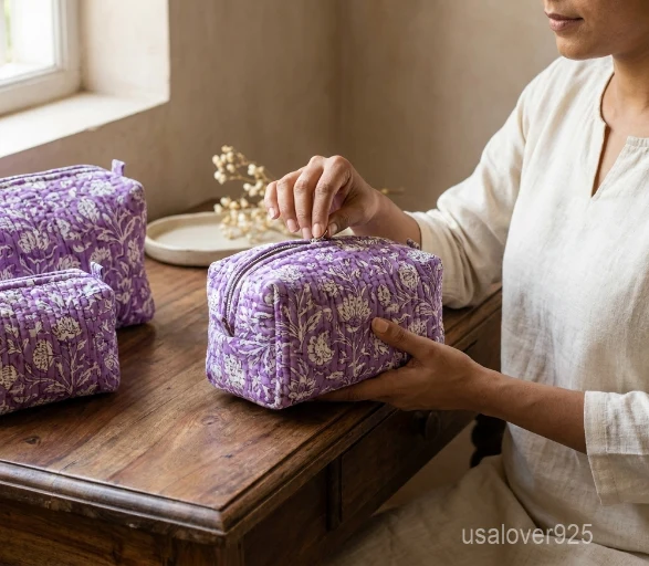 Set of 3 Hand Block Print Cosmetic Bag Set nesting configuration showing the traditional purple botanical artisan design and secure zipper lines with tassel trims.