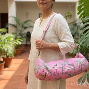 Hand Block Print Pink Yoga Mat Bag carrier showing the traditional artisan crane print design with the full-length zipper closure and outer pocket.