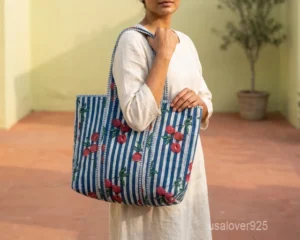 Hand Block Print Quilted Cotton Tote Bag with large shoulder handles showing the traditional floral artisan pattern design.