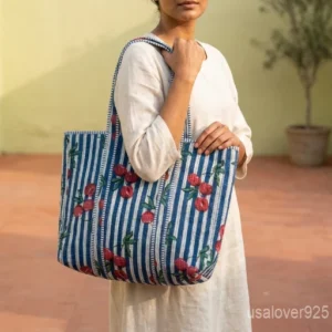 Hand Block Print Quilted Cotton Tote Bag with large shoulder handles showing the traditional floral artisan pattern design.